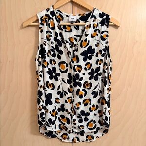CAbi Women's Sleeveless Floral Blouse in Black, White, and Orange XS